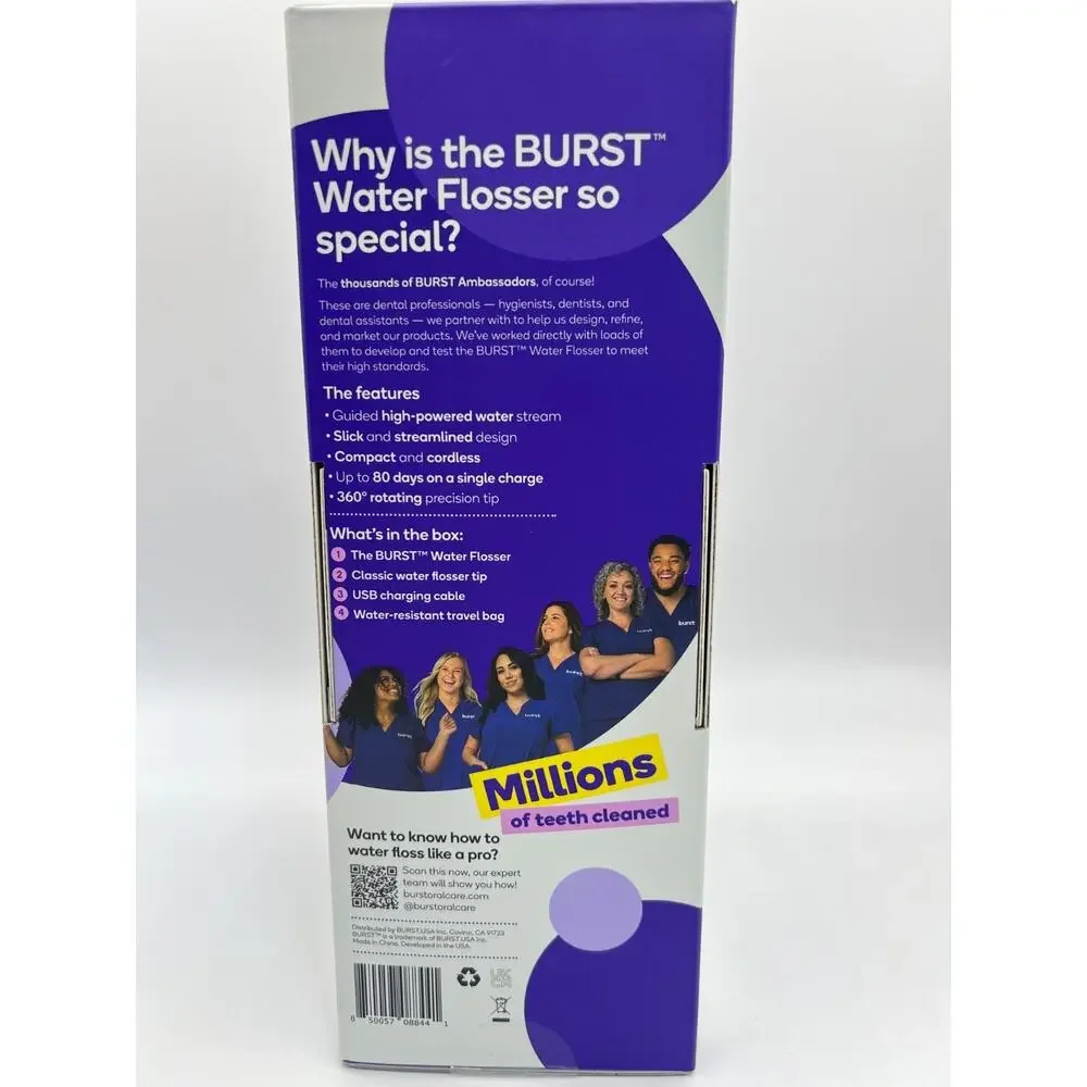 Burst Water Flosser Cordless Removable 360 degree rotating tip New White